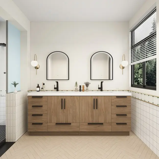 Look into Contemporary Double Sink Bathroom Vanity with Stylish Matching Tops