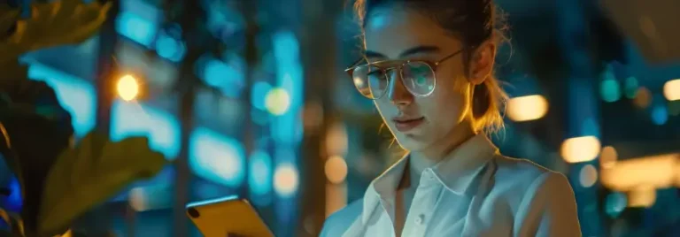 A woman wearing glasses is focused on her phone, exploring how to use AI knowledge management.