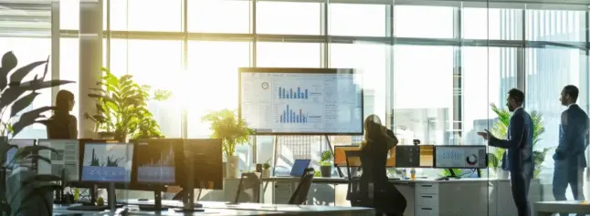 Group of business individuals in an office setting, engaged with computers and monitors to discuss how to use AI enablement.