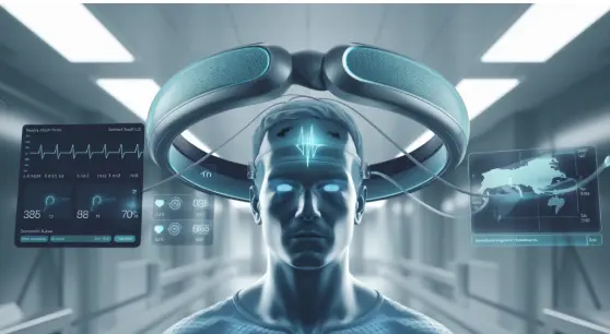 The image showcases a cutting-edge, non-invasive medical device resembling the Halo Vital Signs Monitor, set against a sleek and modern healthcare backdrop